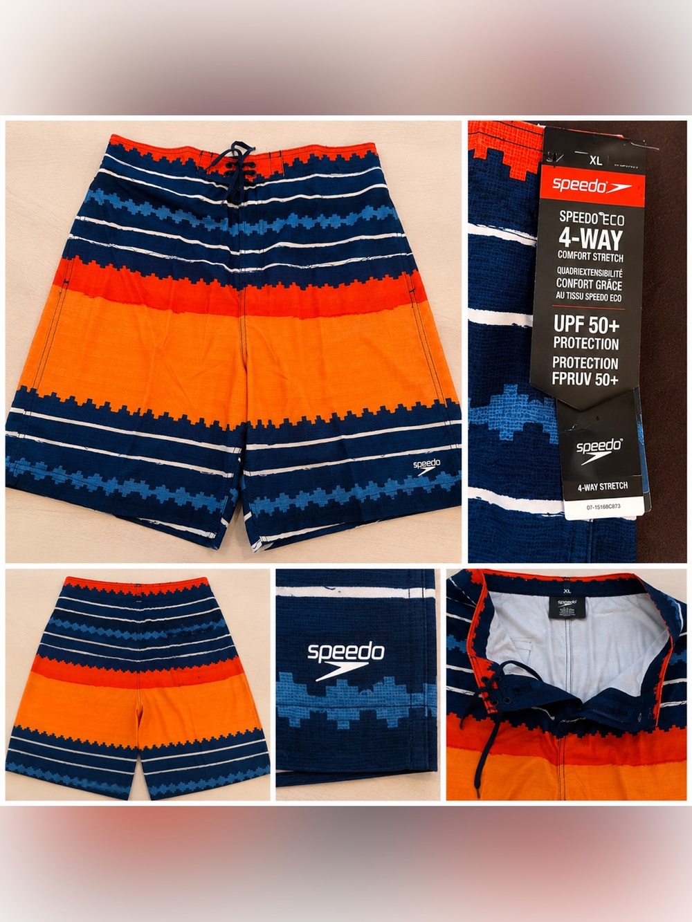 Speedo Navy and Orange Geometric Stripe Swim Shorts